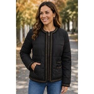WHITE HOUSE BLACK MARKET Women’s Sz L Chain Detail Puffer Jacket Black